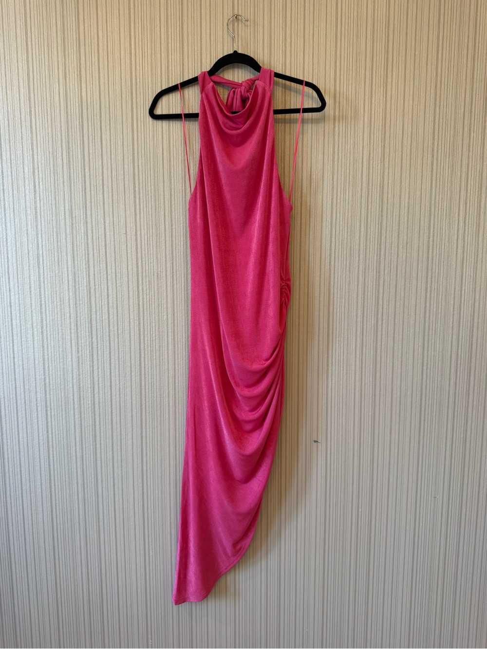 Asymmetrical Draped Halter Dress in Hot Pink